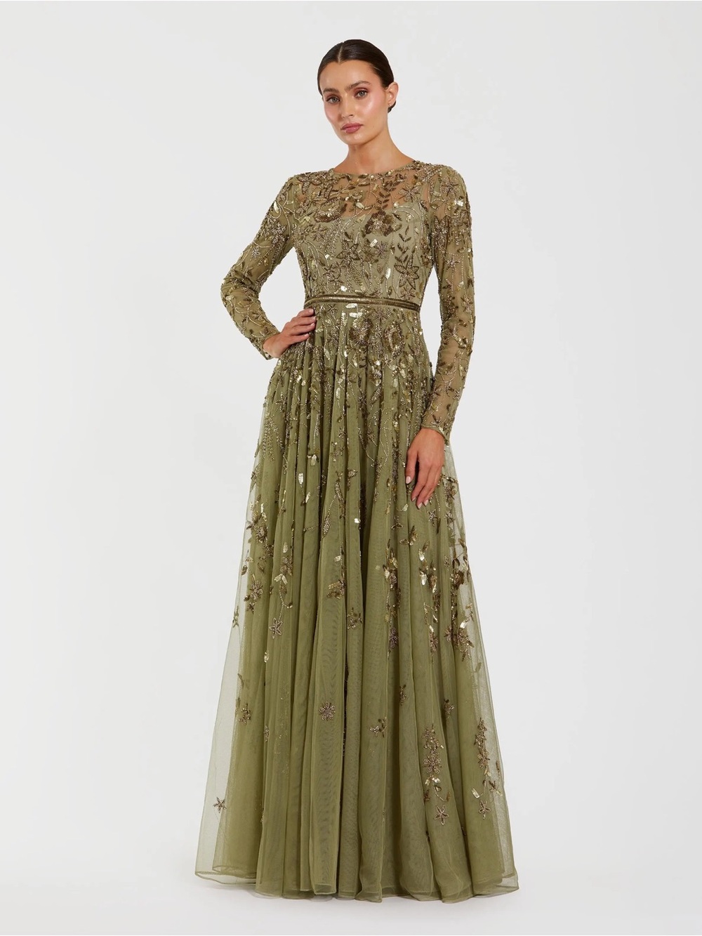 Mac Duggal 6182 Green Long Sleeve Hand Embellished Floral A-line Gown Sz 16 NWOT